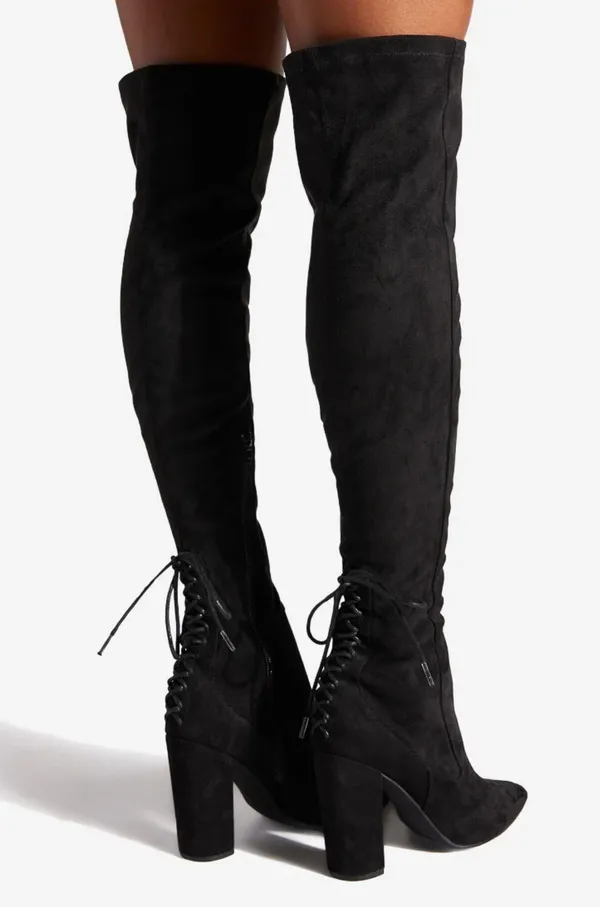 Ivona Stretch Over The Knee Boots Black Faux Suede Tie Detail 4” Heel - Image 3