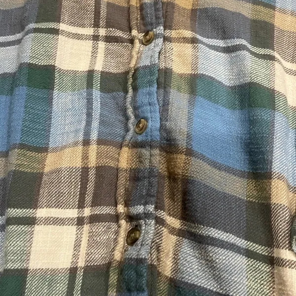 American Eagle blue, green, brown, tan, white plaid long sleeve flannel S - Image 3