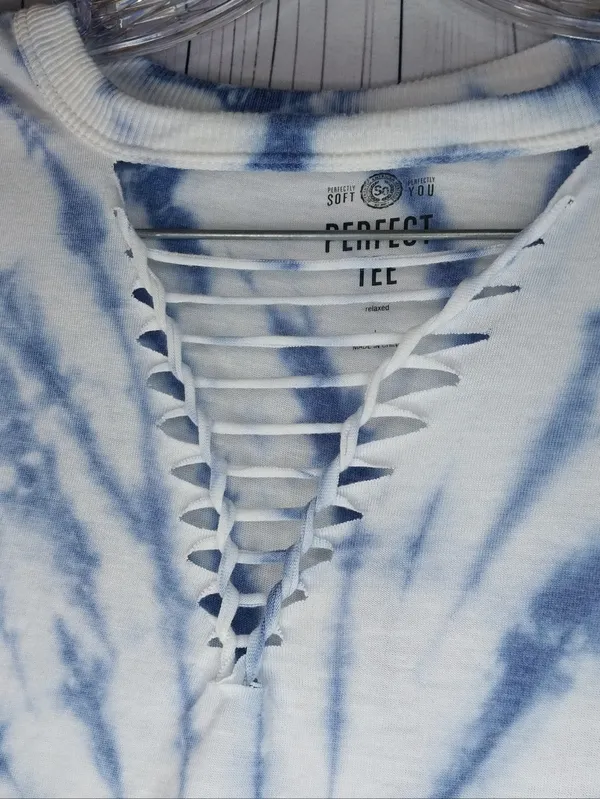American Eagle Blue and White Tie-Dye Boho Festival Tank with Lattice V-Neck - Image 2