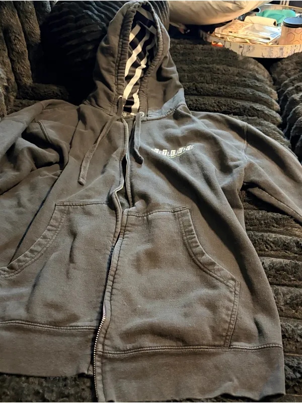 Black Zip Hoodie with Striped Hood Lining and Small Chest Logo - Image 7