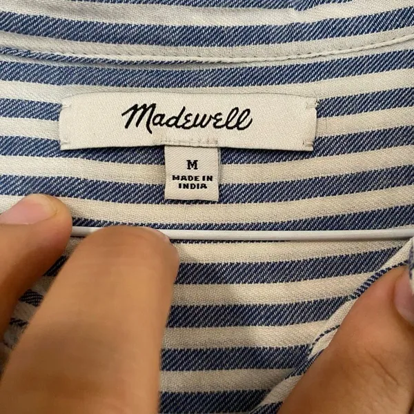 Madewell Striped Henley Top Women’s Medium Blue White Long Sleeve Cotton Shirt - Image 3