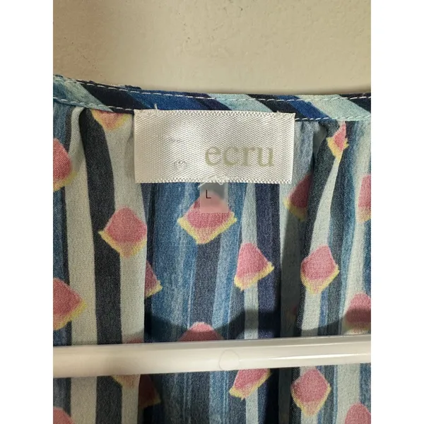 Ecru‎ 100% Silk Blouse Blue Pink Geometric Striped Split Neck Long Sleeve Large - Image 5
