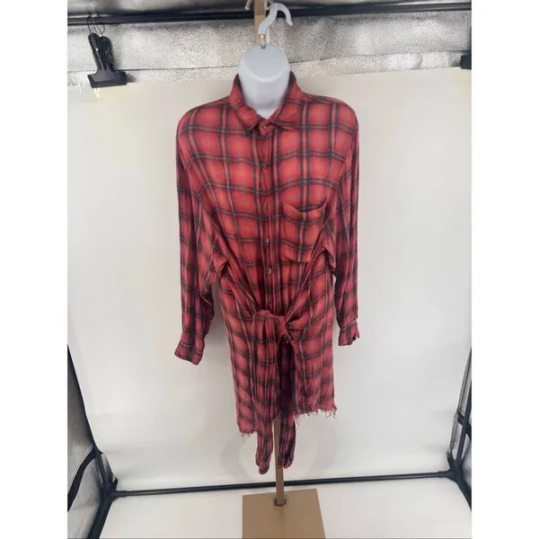 Free People FP One Grunge Mini Dress Long Sleeve Plaid Button Front Size L - Image 2