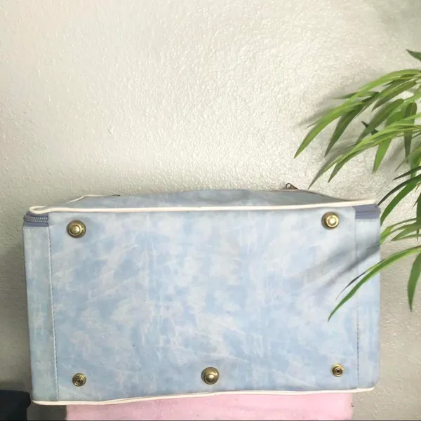 Vintage Blue Travel Box Luggage Hat Box Carry On Case Retro Square Suitcase MCM Lady Love Brass Hardware Approx 14” wide x 11.5” Long x 7” Deep - Image 6