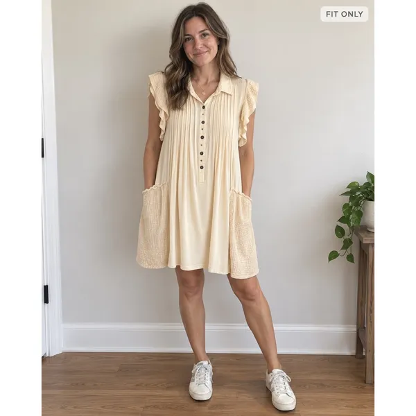 POL Boho Pleated Ruffle Mini Dress Cream Ivory Size M FKD10 - Image 3