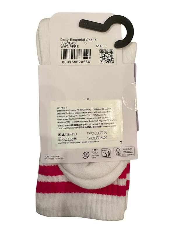 Lululemon Daily Essential Crew Socks - White with Pink Stripes Size Small NWT - Image 2
