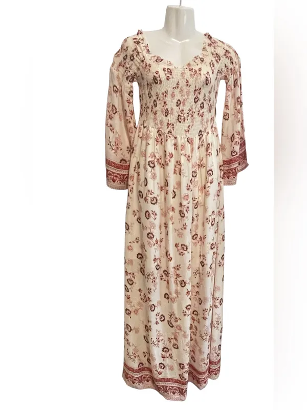 Altar'd State White Off-Shoulder Floral Maxi Dress with Pink Border - Image 3