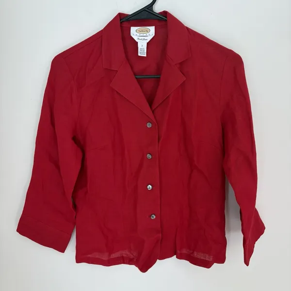 Talbots Irish Linen Red Button Down Blouse Top 2 Petite Quiet Luxury Coastal - Image 2