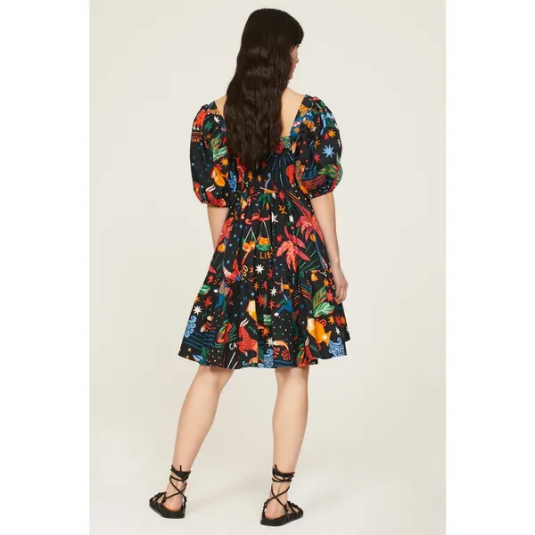 Farm Rio Zodiac Print Black Puff Sleeve Square Neck Babydoll Mini Dress Size M - Image 2