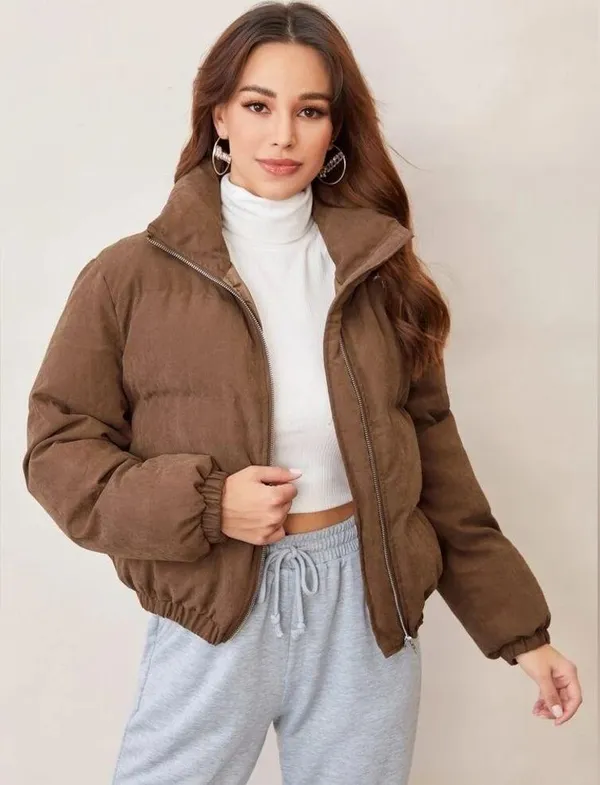 SHEIN Drop Shoulder Butterfly Chest Crop Puffer Zip Up High Neck Coat Jacket S - Image 3