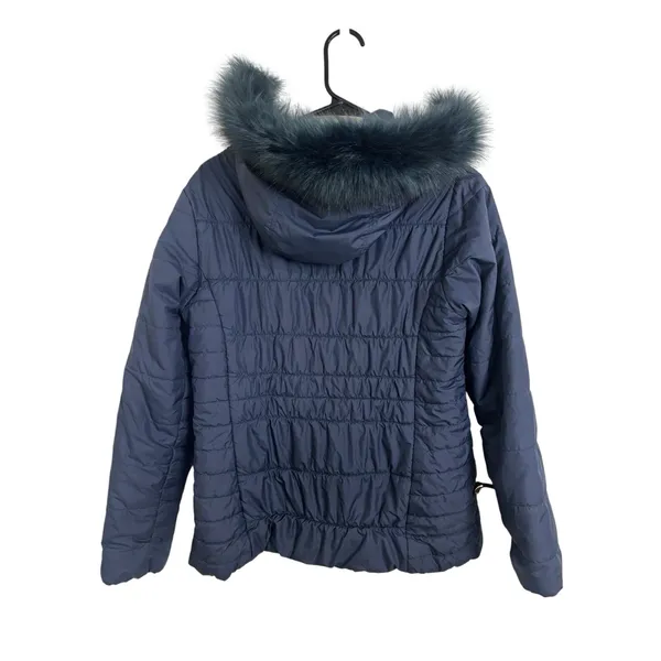 Columbia Navy Fur Hooded Puffer Jacket Coat Medium Thermal Coil - Image 2