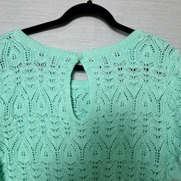 Anthropologie Mint Green‎ Pointelle Eyelet Knit Short Sleeve Keyhole Top 2X - Image 6