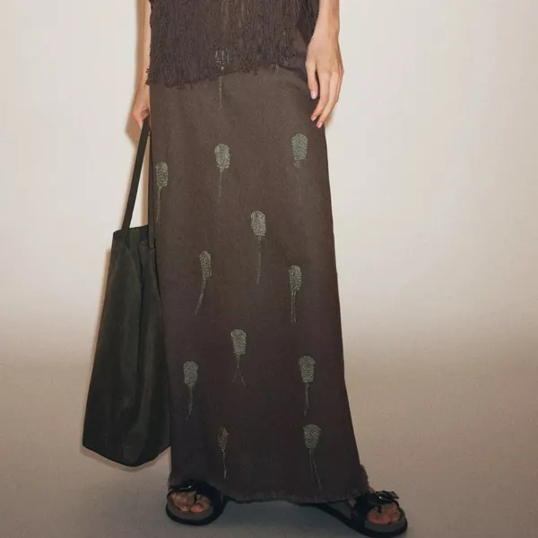 Zara NWT taupe gray cotton & linen embellished print maxi skirt - Image 8