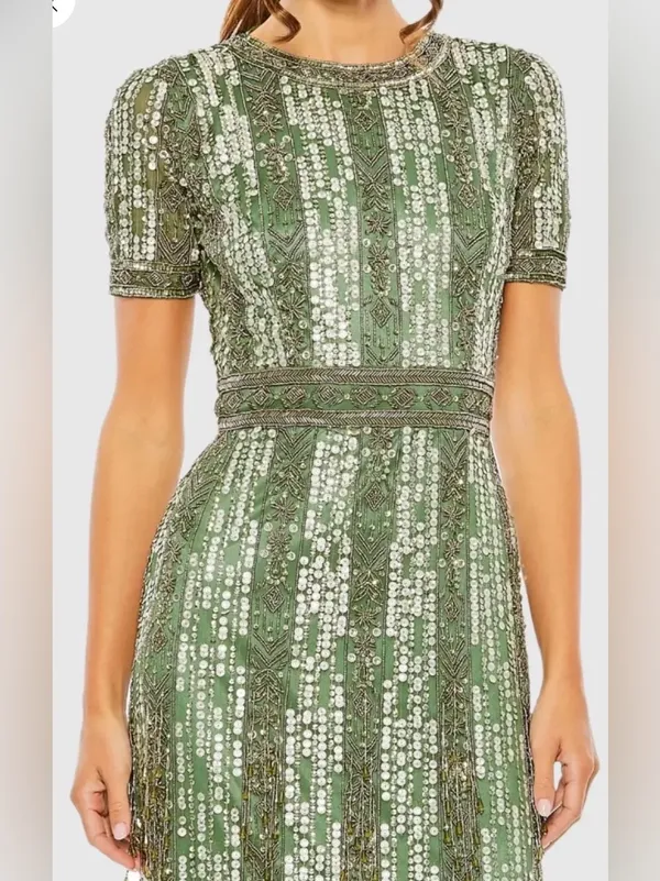 NEW MAC DUGGAL High Neck Short Sleeve Crystal Fringe Column Sage green Dress 10 - Image 2