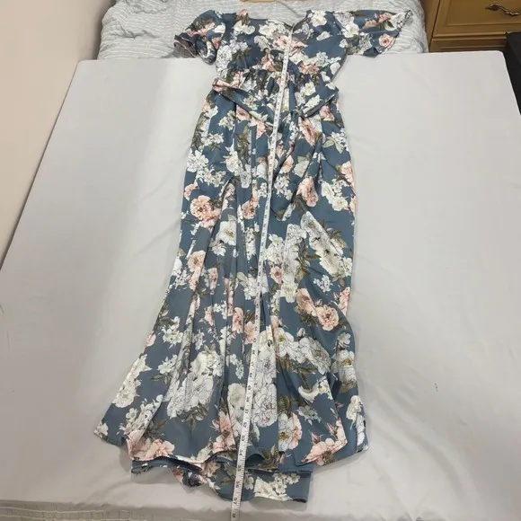 Baltic Born Dusty Blue Floral Maxi Dress V-Neck Flutter Sleeve Wedding Guest M - Image 7