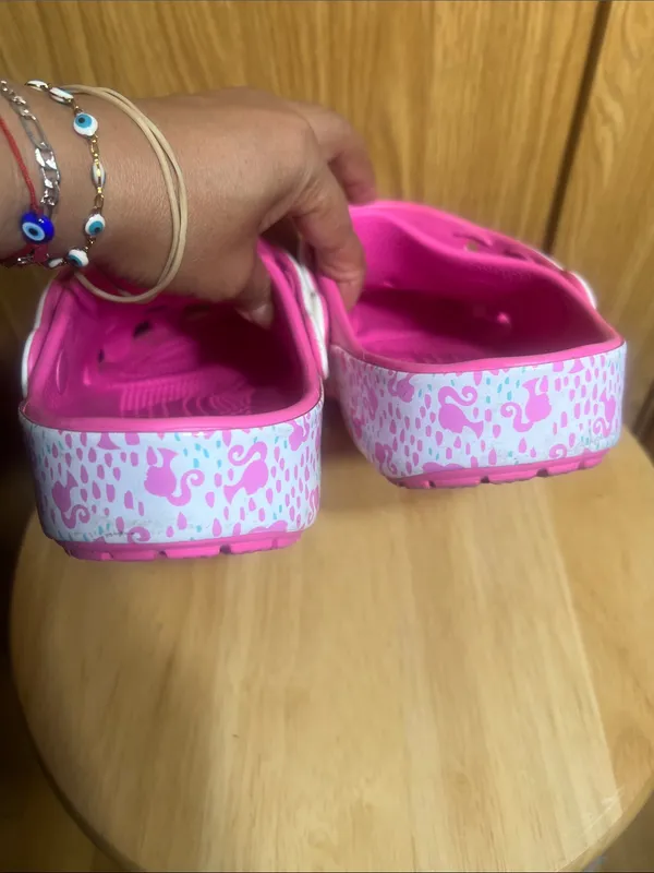 CROCS Hot Pink Sandal Clogs with White Heel Strap and Barbie Charms - Image 4