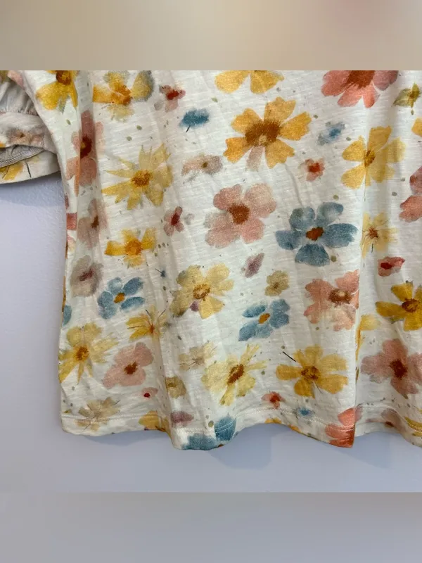 Anthropologie Wide Neck Short Puff Sleeve Pastel Cotton Floral Top Size Medium - Image 7