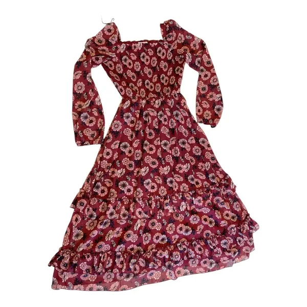 Teens Burgundy Floral Print Square Neck Long Sleeve‎ Tiered Ruffle Midi Dress 16 - Image 7