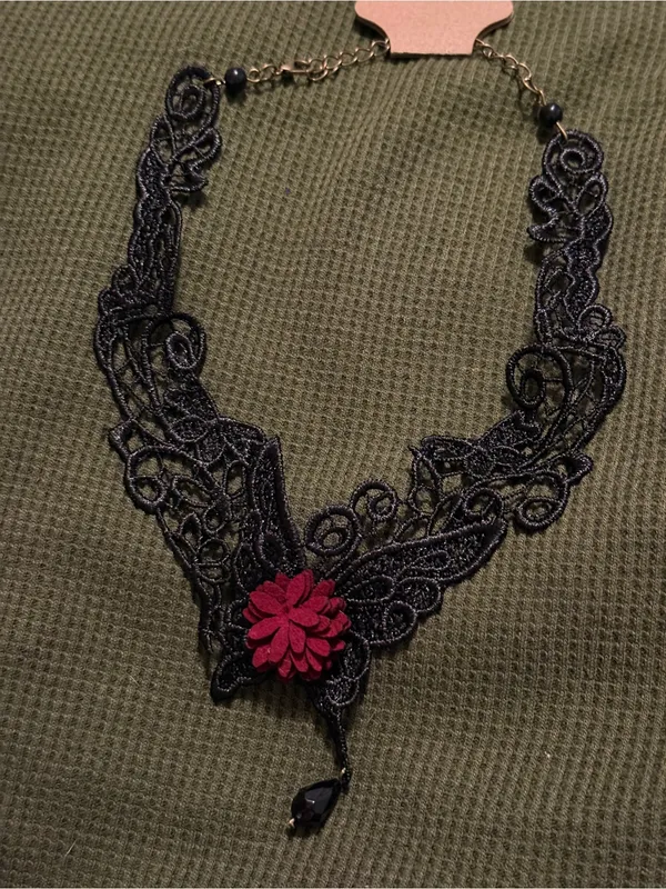 Goth Black Lace Choker Necklace with Red Flower Accent - Image 2