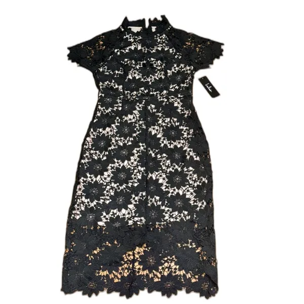 NWT Lulus Women’s Bold Love Black and Nude Lace Bodycon Midi Dress Size Small - Image 4