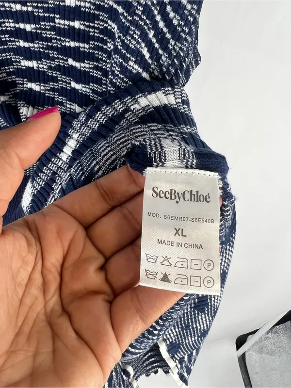 See by Chloé Navy & White Geometric Ribbed Knit Dress XL - Image 9