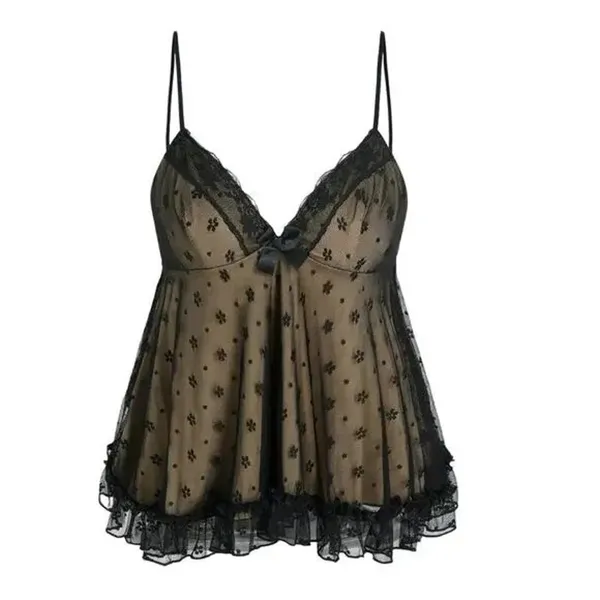 Cider NWT Sexy Floral Lace V Neck Ruffle Cami Stretch Top Adjustable Strap M Black Tan - Image 12