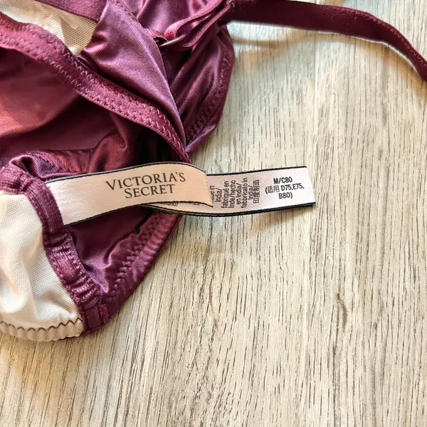 Victoria's Secret Strappy Mesh Long Line Plunge Satin Maroon Bralette Size M - Image 6