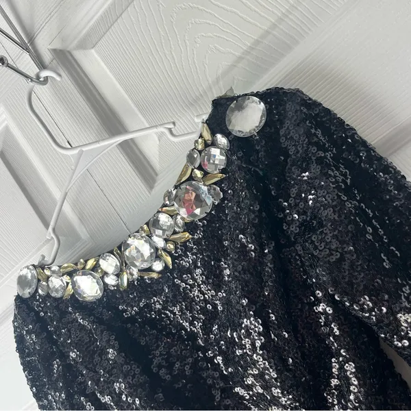 Alyce Paris Black Sequin Open Back Prom Mini Dress Formal Size 0 Flaws - Image 3