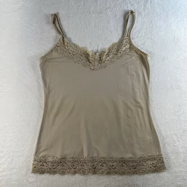 Cato Y2K Vintage Sz M Beige Cami Tank Top Lace Neck Bottom Trim Boho‎ Whimsy Coquette - Image 2
