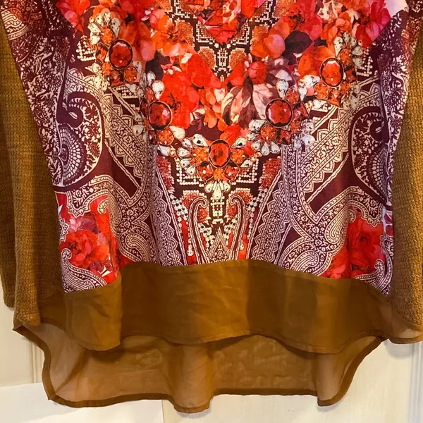 One World XL Brown Embellished Floral Print Long Sleeve Scoop Neck Tunic Top‎ - Image 6