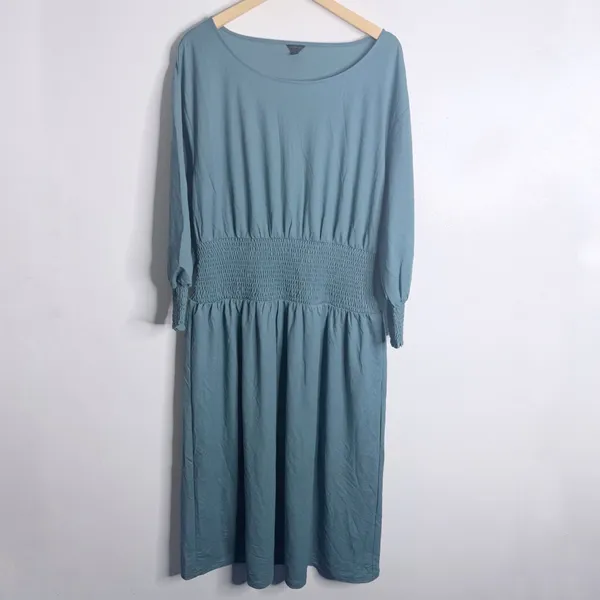 NWOT Ann Taylor Smocked Waist Flare Midi Dress Large Teal Casual Minimalist Work - Image 2