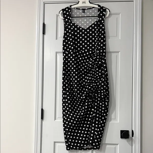 SHEIN Black and White Polka Dot Midi Dress Drawstring Split Thigh Size XL - Image 2