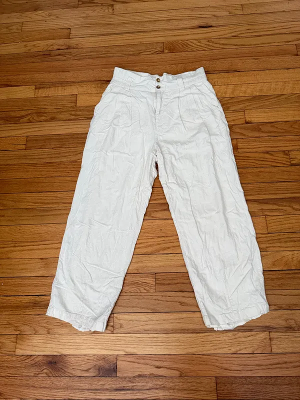 Urban Outfitters Linen Cotton High-Rise Pleated Tapered Chinos Sz M ivory Crop - Image 2