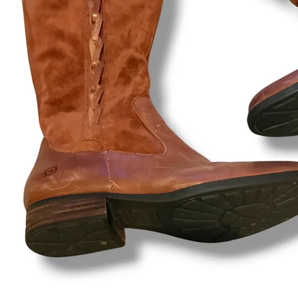 Born‎ Cook Tall Boots Womens 8.5 Cognac Brown Leather Suede Braided Riding Boots - Image 4