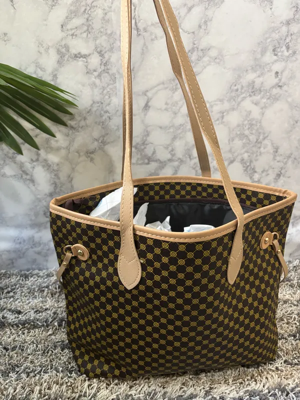 Brown Monogram Print Tote Bag with Beige Handles - Image 2