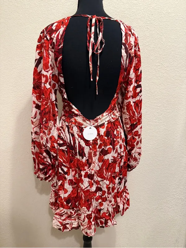En Creme Floral Mini Dress Boho Cottagecore Open Back Plunge Long Sleeve M - Image 6