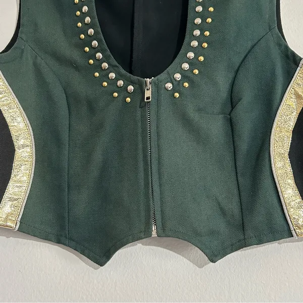 Vintage Green Structured Vest Gold Studded Ren Faire Rodeo Western Cowgirl - Image 3