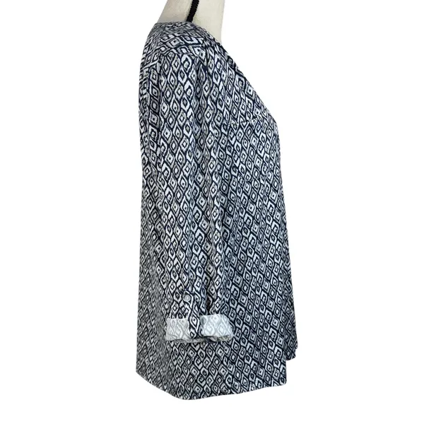 Roz & Ali Large Top Geometric Button-Up Stretch Long Roll-Tab Sleeves V-Neck - Image 6