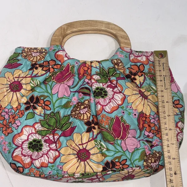 Vtg 2000s Vera Bradley Silk Quilted Floral Handbag Wooden Handles Pink Lining - Image 15