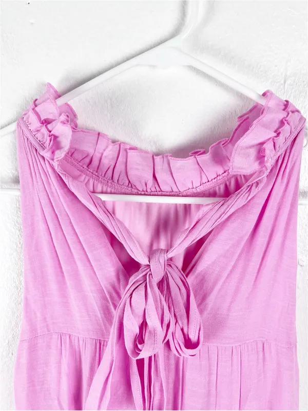 ENTRO Pink High Neck Tie Back Sleeveless Pockets Tiered Dress Small Boho Casual - Image 7