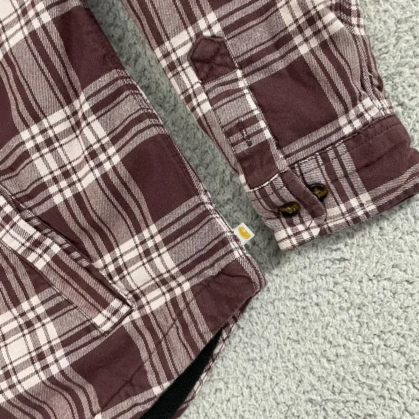 Carhartt Fleece Lined Flannel Shirt Women L Maroon Workwear‎ Button Shacket - Image 2