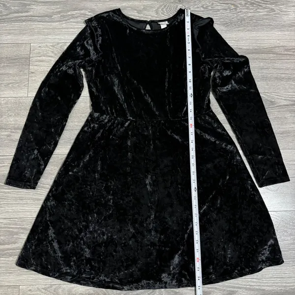 Mossimo Supply Black Velvet Crushed Long Sleeve Ruffle Trim Whimsigoth Dress L‎ - Image 11