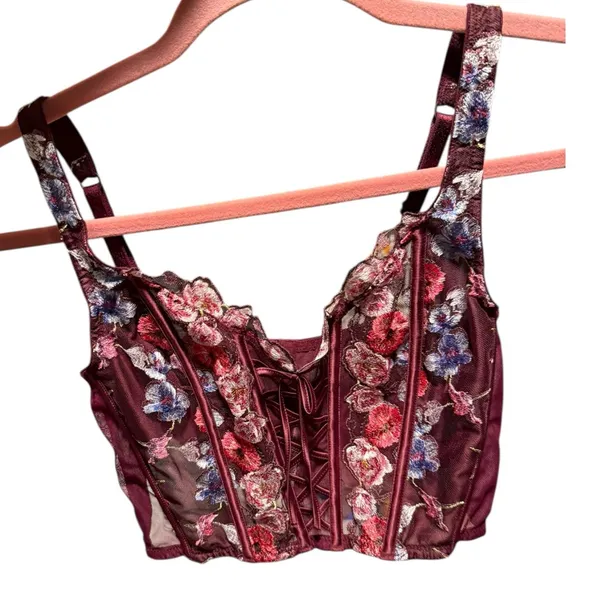 Victoria's Secret dream angels Burgundy floral embroidery corset bra lingerie - Image 3