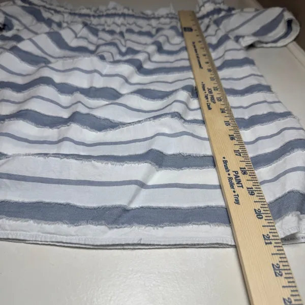 Juicy Couture Striped Off Shoulder Top Blue White‎ Fringe Cotton Blouse Small - Image 6