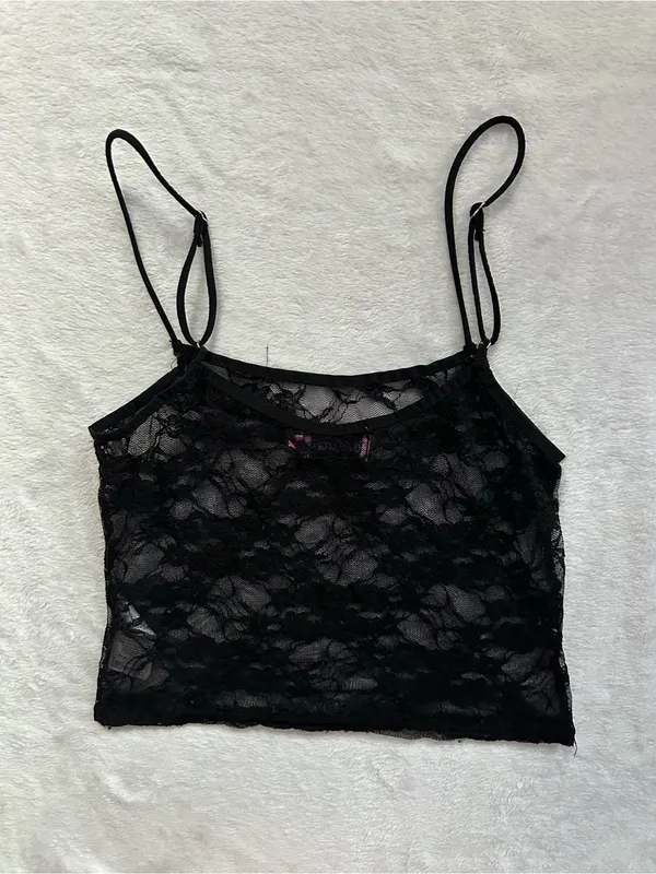 Edikted Gianna Sheer Lace Tank Top Black Size Small Floral Spaghetti Strap - Image 10