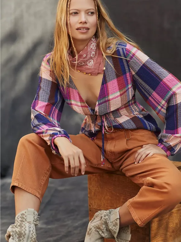 Anthropologie Pilcro Blouse Womens Large Pink Navy Plaid Smocked Waist V-Neck - Image 2