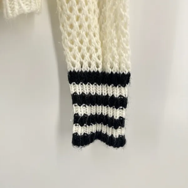Elan Womens Cream Mock Neck Open Knit Sweater Black Stripe Cuff‎ Detail Medium - Image 4