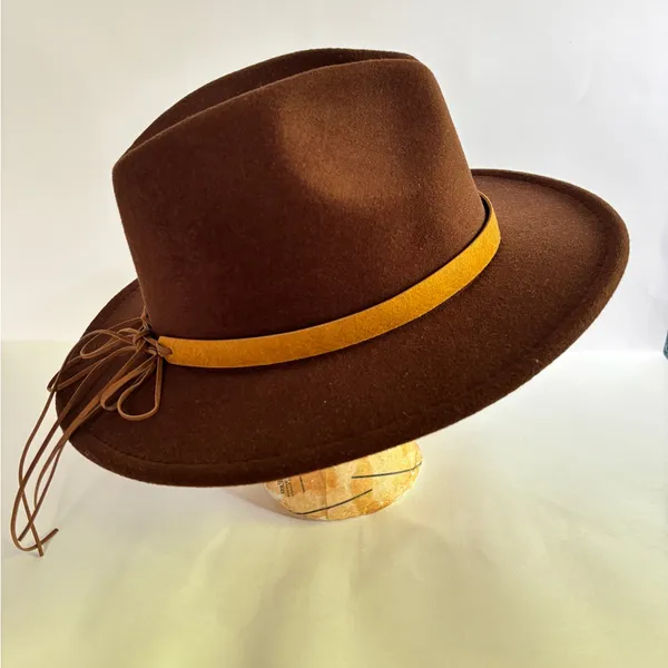 Chocolate Brown Felt Fedora with Mustard Ribbon - Image 3