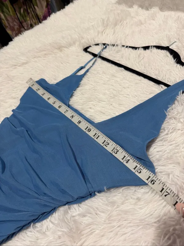 Oh Polly Mesh Bodycon Rhinestone Mini Dress in Blue Size 6 - Image 3