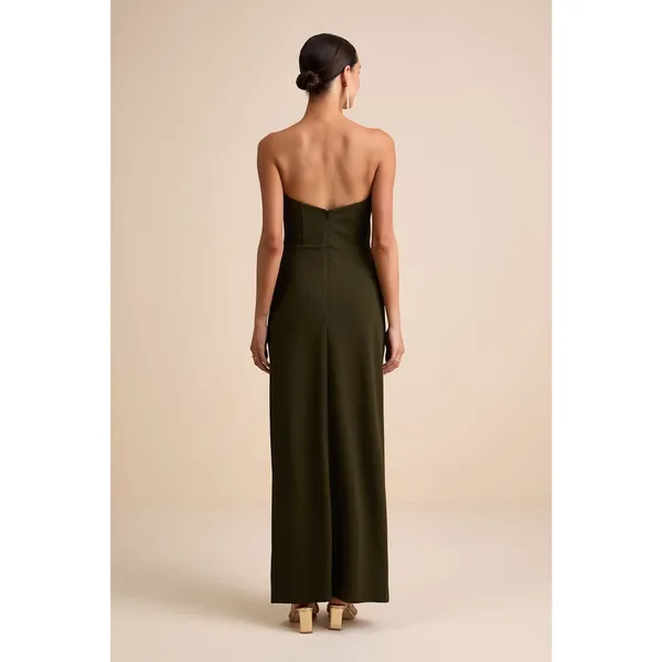 NWT Lulus Thula Dark Olive Cutout U-Bar Column Maxi Dress Strapless Gala Size L - Image 3